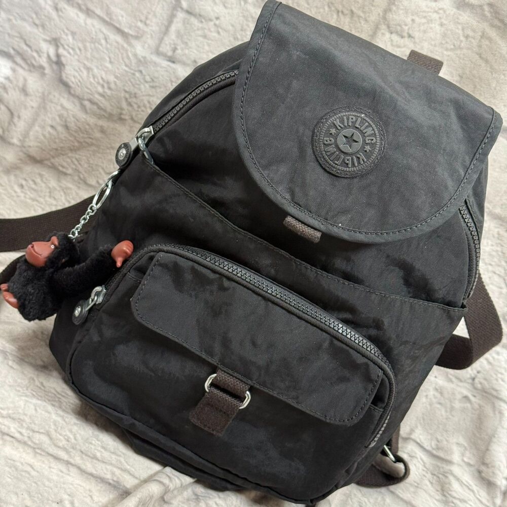 Kipling City Pack Black Mini Backpack Adjustable Straps Davina Monkey Keychain